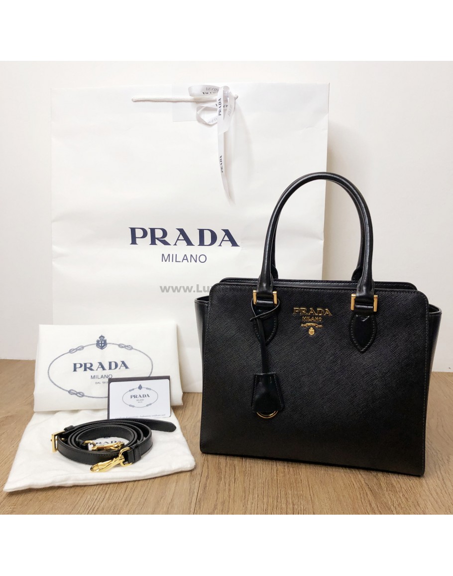 PRADA 1BA113 Black Saffiano Soft Calfskin Tote Bag with Shoulder Strap GHW